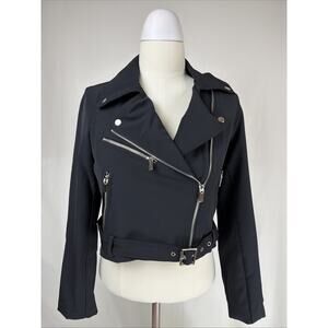 NWT All Row Black Zipper Details Belted Cropped Moto Jacket SM #0719
